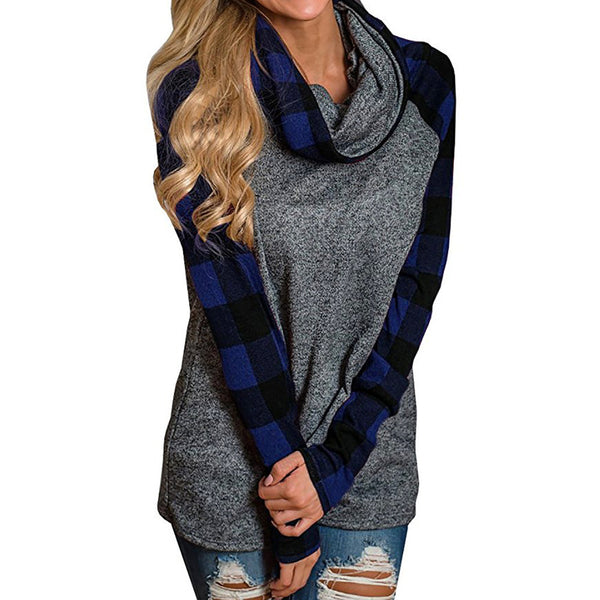 Women's Turtleneck Plaid Tunic Long Sleeve Pullover Sweatshirt - Dash Plaz