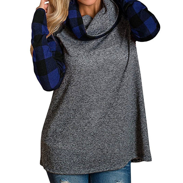 Women's Turtleneck Plaid Tunic Long Sleeve Pullover Sweatshirt - Dash Plaz
