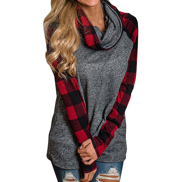 Women's Turtleneck Plaid Tunic Long Sleeve Pullover Sweatshirt - Dash Plaz