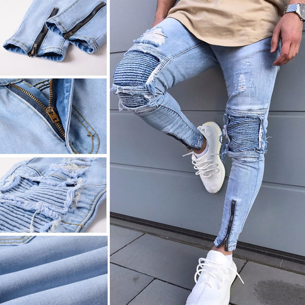 Men's Ripped Slim Fit Motorcycle Vintage Denim Jeans - Dash Plaz