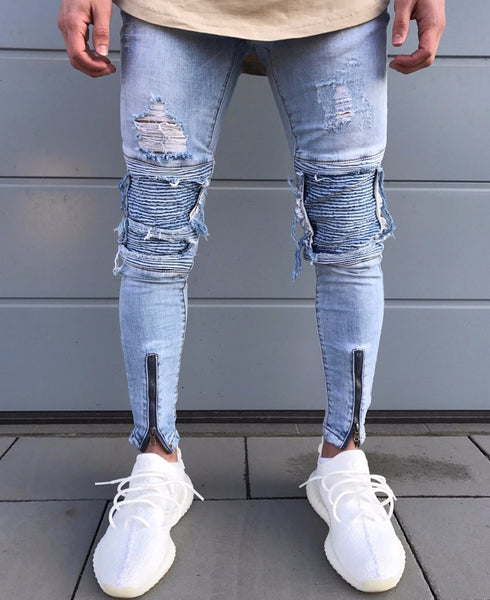 Men's Ripped Slim Fit Motorcycle Vintage Denim Jeans - Dash Plaz