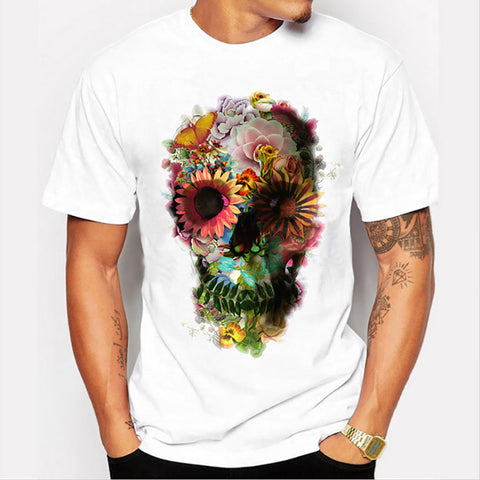 Punk Skull Floral Print Short Sleeve T Shirt - Dash Plaz
