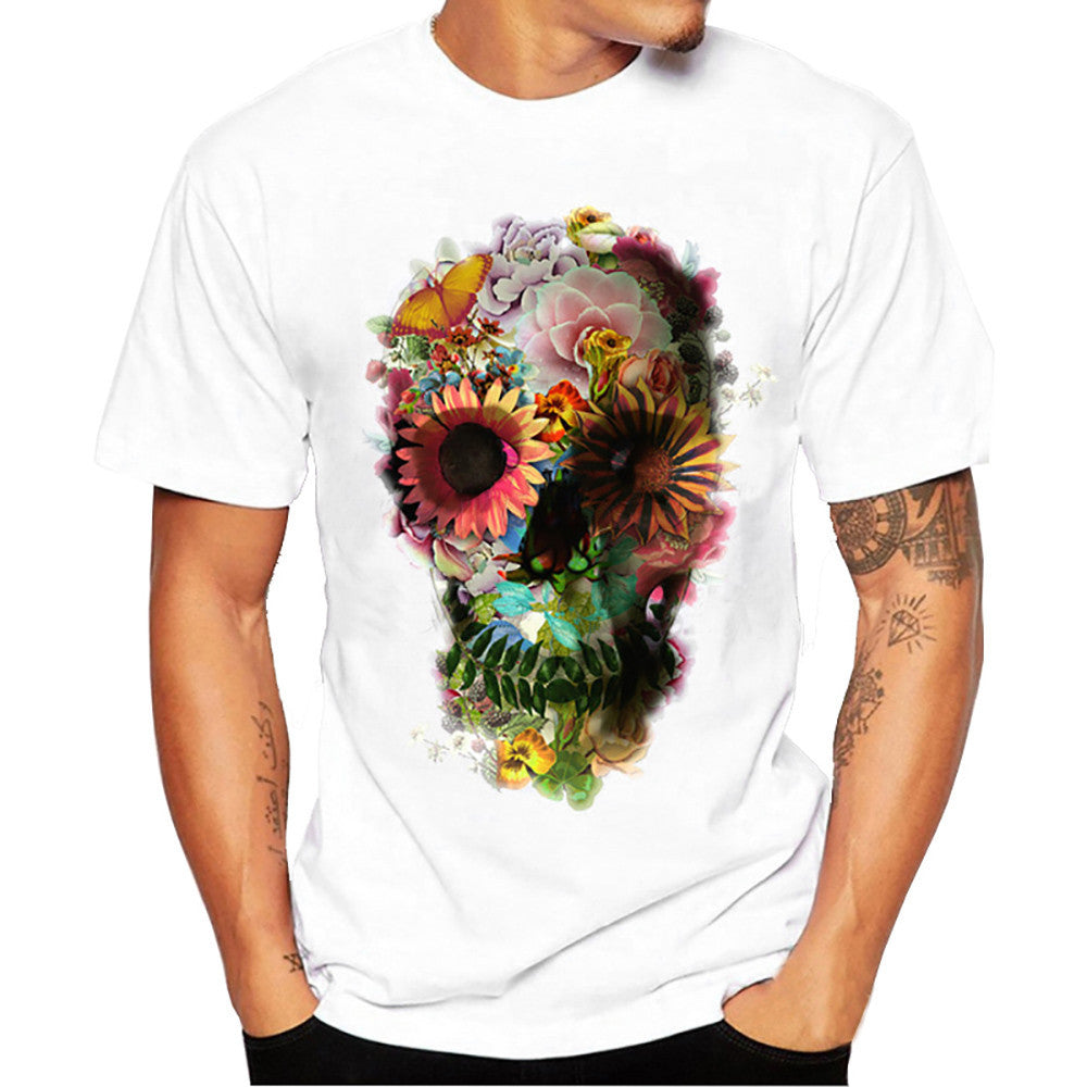 Punk Skull Floral Print Short Sleeve T Shirt - Dash Plaz
