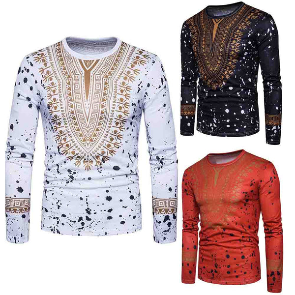 Men's African Print O Neck Pullover Long Sleeved T-shirt - Dash Plaz