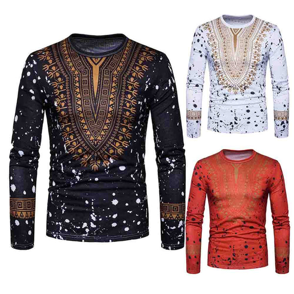 Men's African Print O Neck Pullover Long Sleeved T-shirt - Dash Plaz