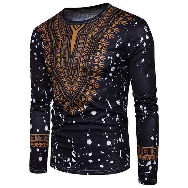 Men's African Print O Neck Pullover Long Sleeved T-shirt - Dash Plaz