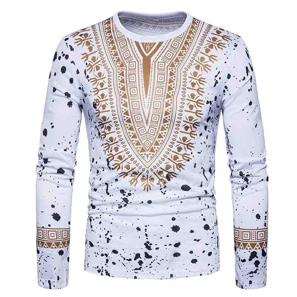 Men's African Print O Neck Pullover Long Sleeved T-shirt - Dash Plaz