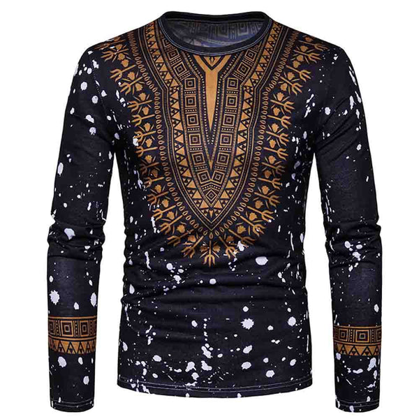 Men's African Print O Neck Pullover Long Sleeved T-shirt - Dash Plaz