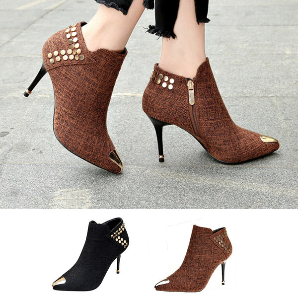 Women's Warm Pointed Toe Rivet High Heels Ankle Boots - Dash Plaz
