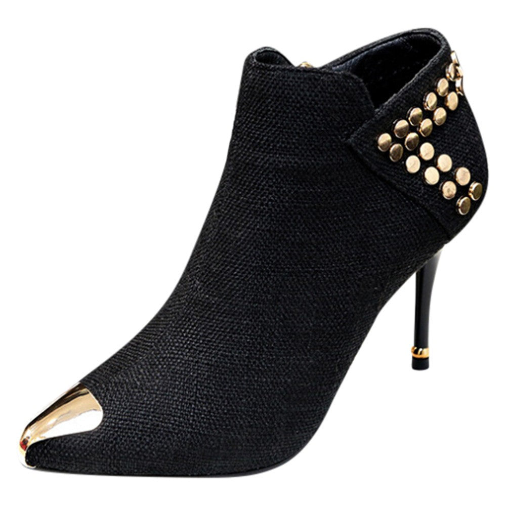 Women's Warm Pointed Toe Rivet High Heels Ankle Boots - Dash Plaz