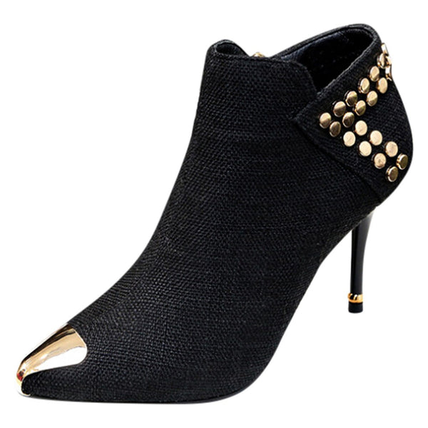 Women's Warm Pointed Toe Rivet High Heels Ankle Boots - Dash Plaz