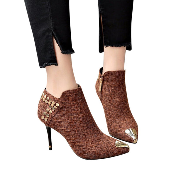 Women's Warm Pointed Toe Rivet High Heels Ankle Boots - Dash Plaz