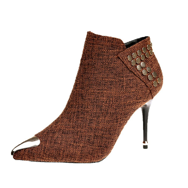 Women's Warm Pointed Toe Rivet High Heels Ankle Boots - Dash Plaz