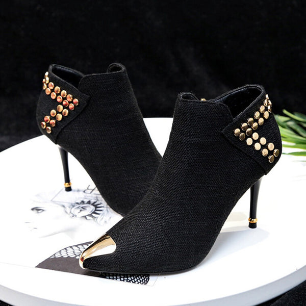 Women's Warm Pointed Toe Rivet High Heels Ankle Boots - Dash Plaz