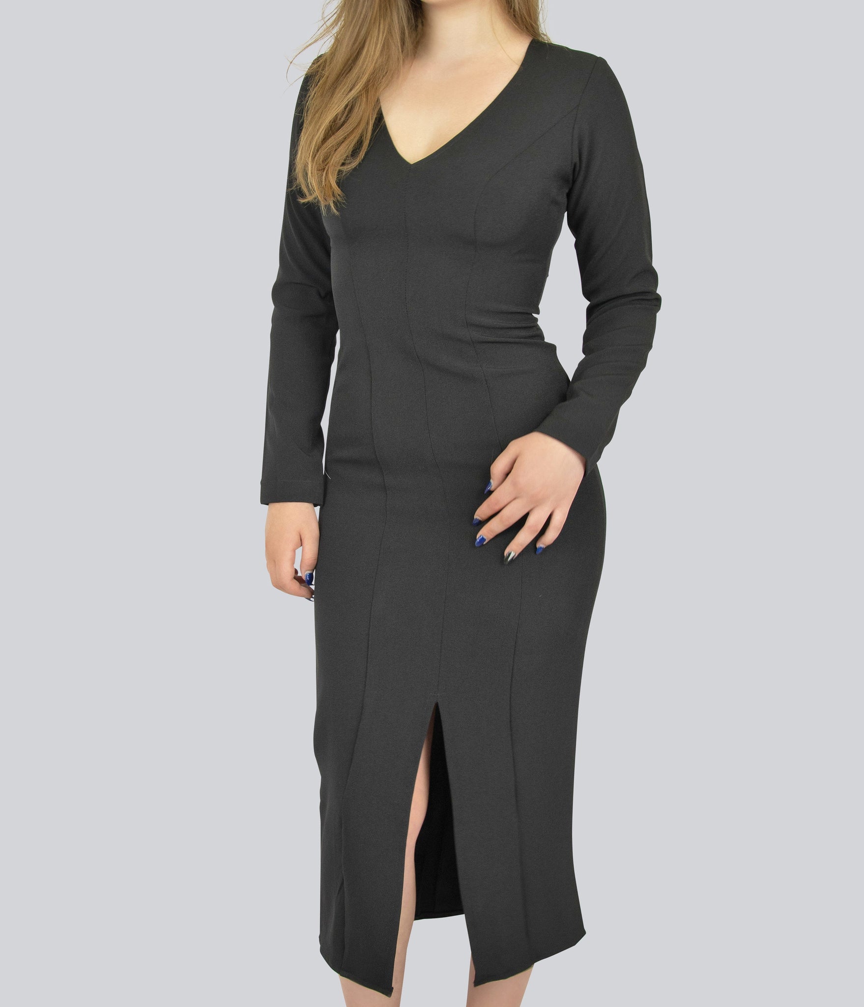 Fitted Black Dress with Front Slit - Dash Plaz